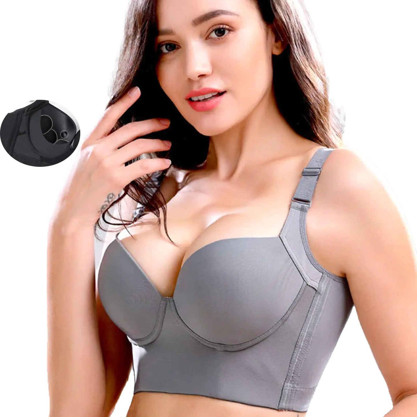 She Curve Push Bras Back Smoothing Bra Plus Size Anti Sagging Gathering Bras Wireless Bra for Back Fat Daily Bras (M Gray)