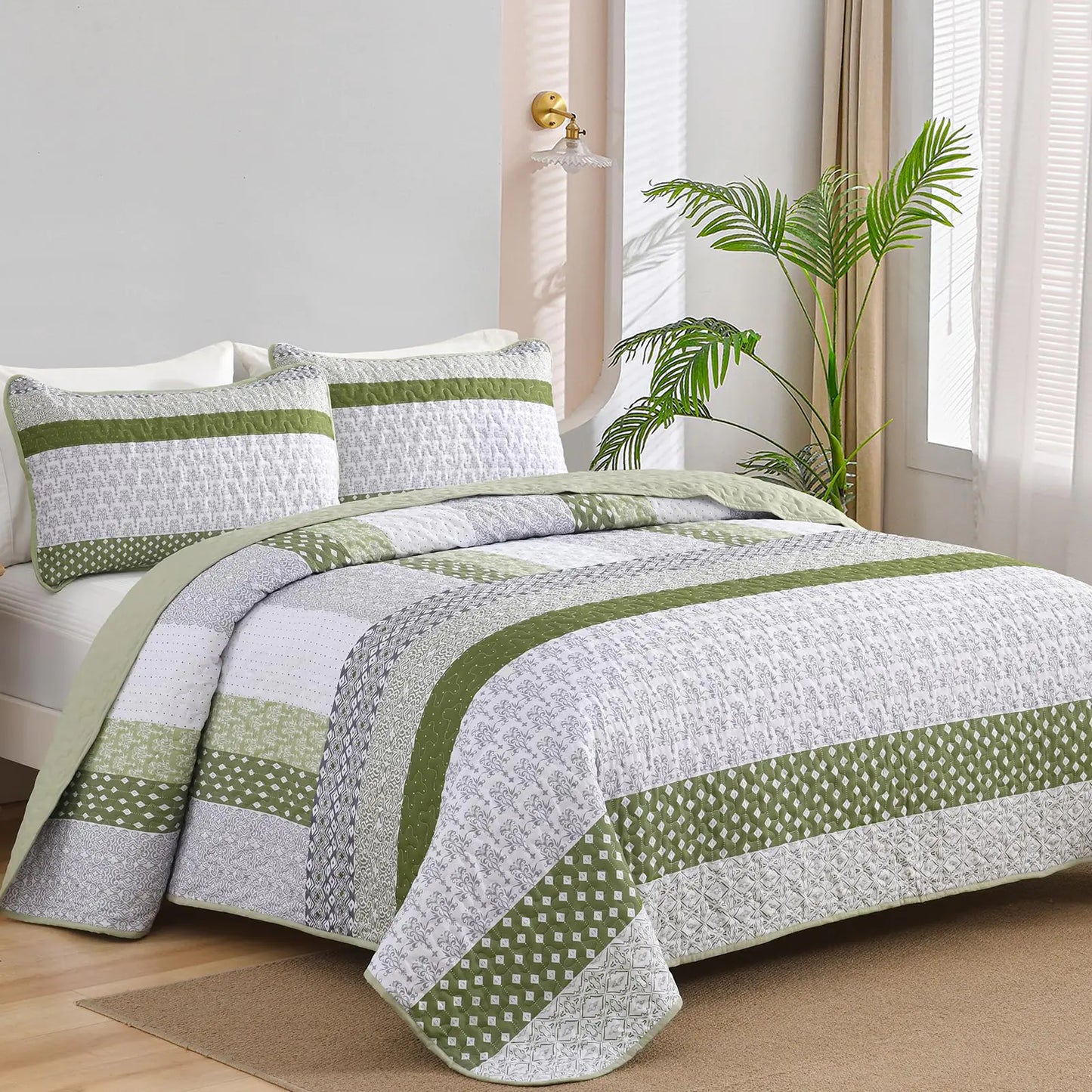 Juego de Edredón WONGS BEDDING Verde Oliva Tamaño King con Rayas Bohemias de 3 Piezas, Colcha de Microfibra Ligera para Todas las Estaciones (104"x90")