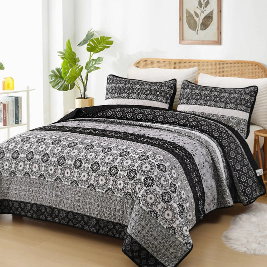 WONGS BEDDING Set de Edredón Boho de Tamaño Queen en Negro, Conjunto de Colcha Estampada Bohemia a Rayas de 3 Piezas Microfibra para Todas las Estaciones (96"x90")