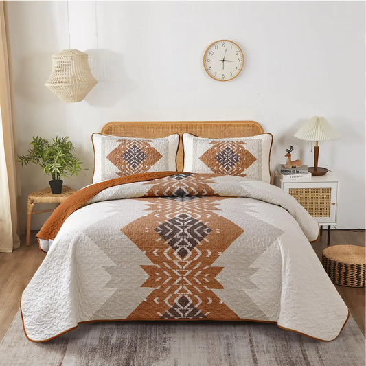 Dintszyayue Boho Quilt Set King Size 3 Pieces Aztec Texture Bedspread Coverlet Set Bohemian Quilt Bedding Set Microfiber Lightweight Bed Cover for All Seasons (Terracotta 90"×103")