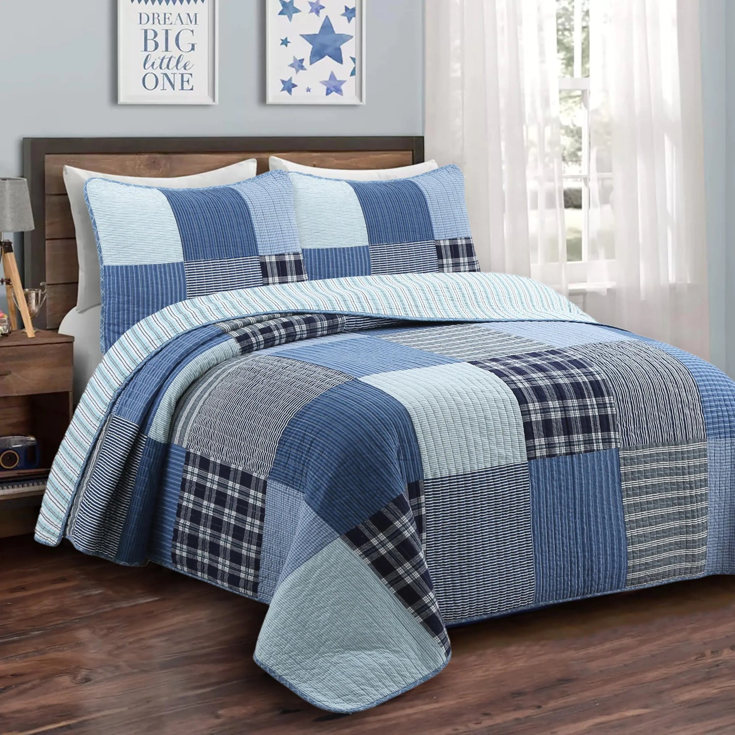 Cozy Line Home Fashions Juego de Edredón de Patchwork a Cuadros Azul Marino 100% Algodón Reversible Cubrecama para Niños Adolescentes (Craver Twin - 2 Piezas)