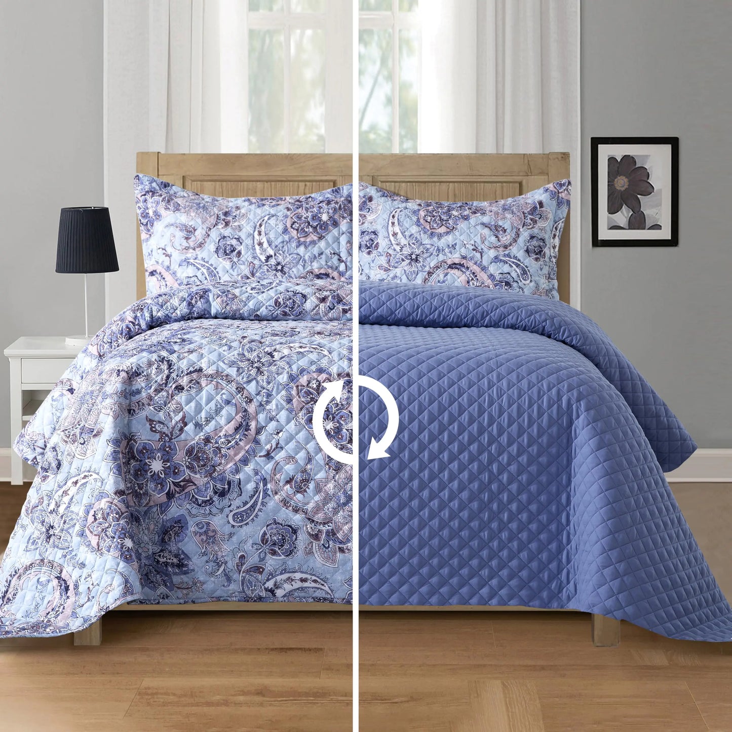 Elegant Comfort 3-Piece Boho Paisley Floral Patchwork Reversible Quilt - Soft Premium Bedspread with Matching Pillow Shams Premium Stitching All Season Quilted Coverlet - Full Blue